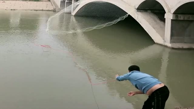 农村大哥来大桥底下撒网捕鱼一个远投简直太漂亮了佩服