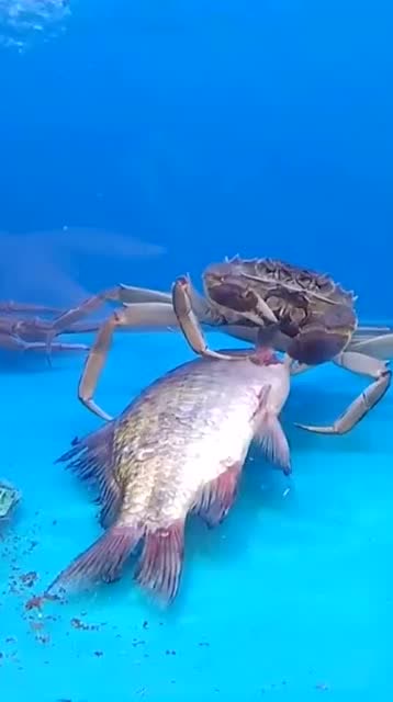 现在的螃蟹都吃好的了,这么大的一条鱼都被这螃蟹给吃了
