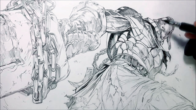 围观韩国漫画家如何绘制一张lol泰达米尔黑白漫画作品!非常帅气