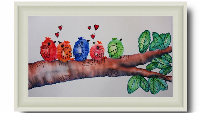 用水彩笔生宣纸晕染的方法画树上小鸟