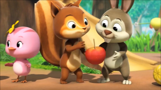 萌鸡小队趣儿歌:小松鼠和小兔子传递苹果,就这么小,还用传递吗