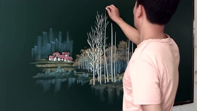 小学老师用粉笔画乡村风景,简直太漂亮了