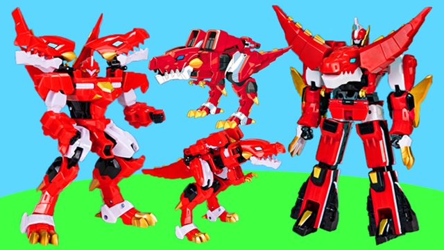 心奇爆龙战车4战龙合体玩具,烈焰霸王龙变形机器人