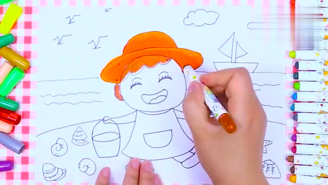 儿童画场景故事捡贝壳的小女孩