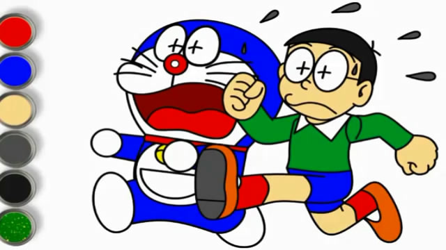 亲子涂色简笔画:机器猫大雄比赛跑步