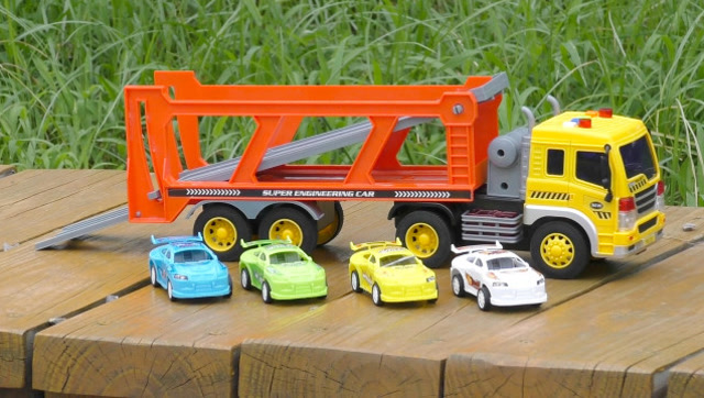 儿童玩具车视频:汽车双层运输车平板车轿运车仓库车模型