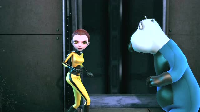 《倒霉特工熊》坏蛋熊的机关枪不停扫射,杰西卡东窜西闪躲过了