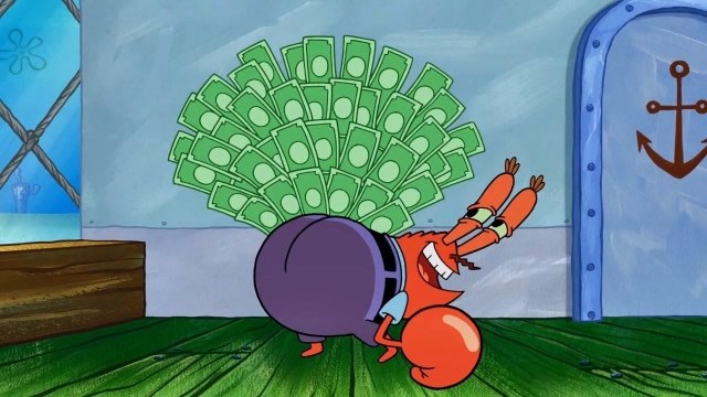 海绵宝宝:蟹老板钱太多,竟用钞票做尾巴,学孔雀开屏!