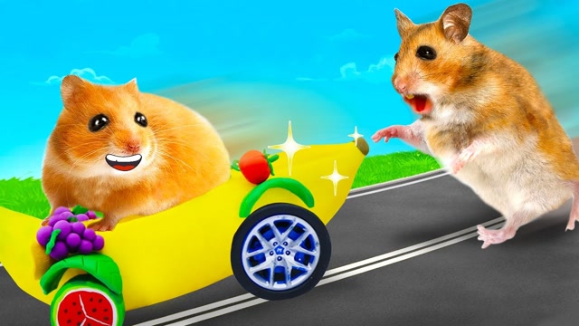 仓鼠大冒险:仓鼠弟弟diy一辆水果车,仓鼠哥哥都追不上他了!