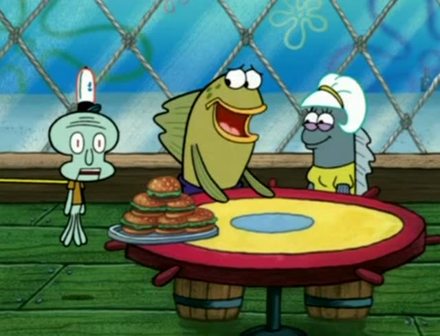 蟹堡王来了一位新员工小章鱼哥,比章鱼哥的服务态度好很多