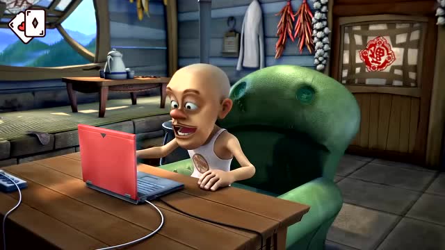 熊出没:光头强在家里,玩起了他刚买来的笔记本电脑.