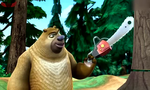 熊出没:就在光头强拿枪对着熊大的时候,熊二又拿到了伐木锯