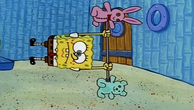 珊迪露出肌肉的瞬间, 海绵宝宝羡慕死了, 也幻想变得很强壮
