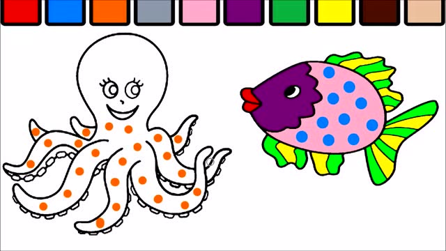 少儿创意涂鸦 画可爱的章鱼和小鱼儿并涂上色彩