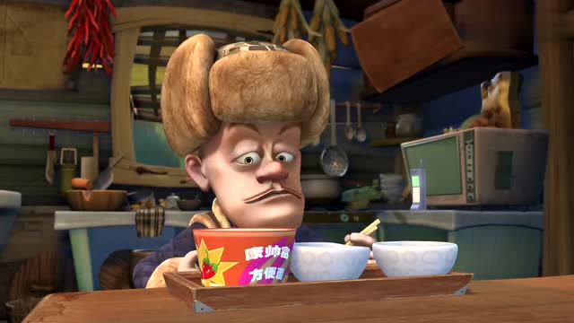 熊出没:光头强请熊大熊二吃方便面,还一碗分着吃,真小气