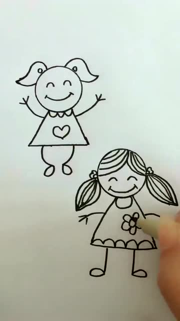 简笔画,带你画两个穿花裙的小女孩