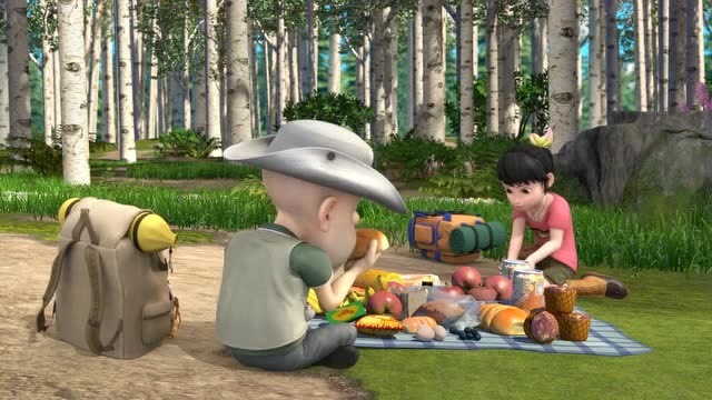 赵琳和光头强野餐大吃大喝,熊二熊大去找蜂蜜,大马猴看的口水直流