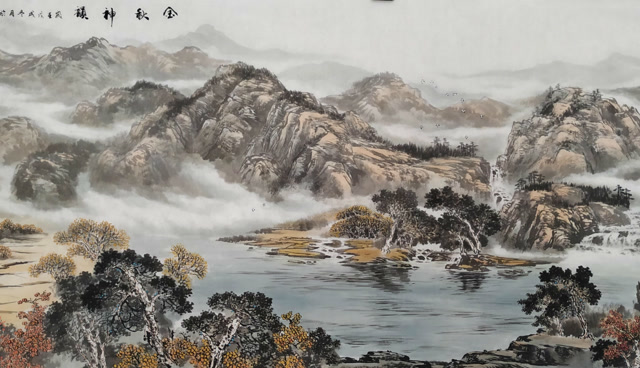 一幅浅绛山水画秋意浓浓流水潺潺画家作画时竟然用喷壶有啥用呢
