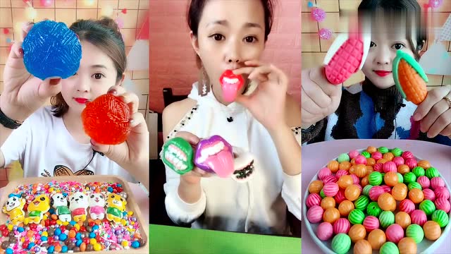 美女直播吃毛线团果冻,嘴唇糖,玉米巧克力,是名副其实的吃货