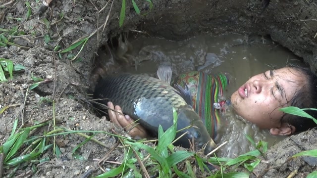 胖妹野外掉洞里捡到10斤大草鱼,一言不合就开吃,抱起就啃吃到撑