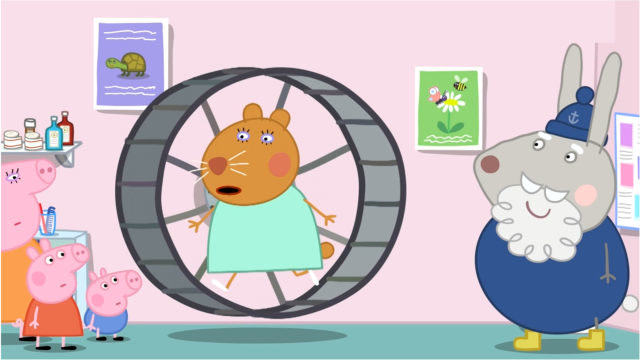 小猪佩奇仓鼠兽医在兔爷爷送来健身器材上跑步简笔画