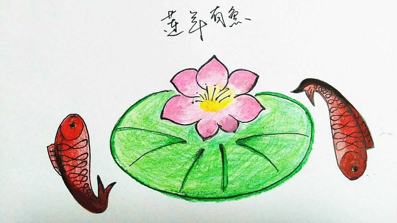 亲子简笔画2分钟画荷花吉祥大鲤鱼元旦手抄报必备