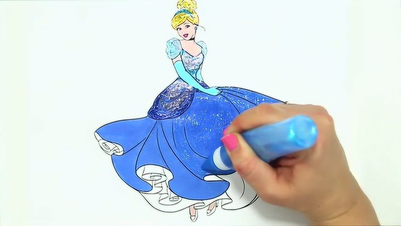 灰姑娘球礼服简笔画涂色教程 迪士尼公主着色益智卡片