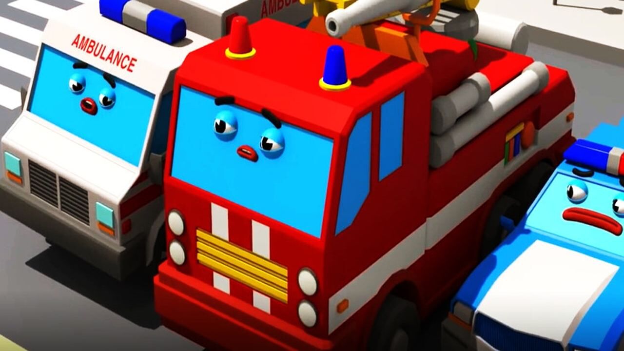 儿童启蒙教育动画片红色的消防车在城市里和警察汽车都在做什么