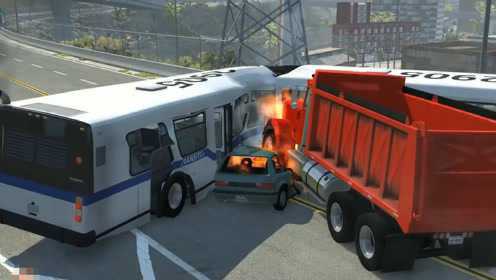 小车与大巴车不能说的秘密 货车一头贯穿巴士 真实车祸模拟游戏