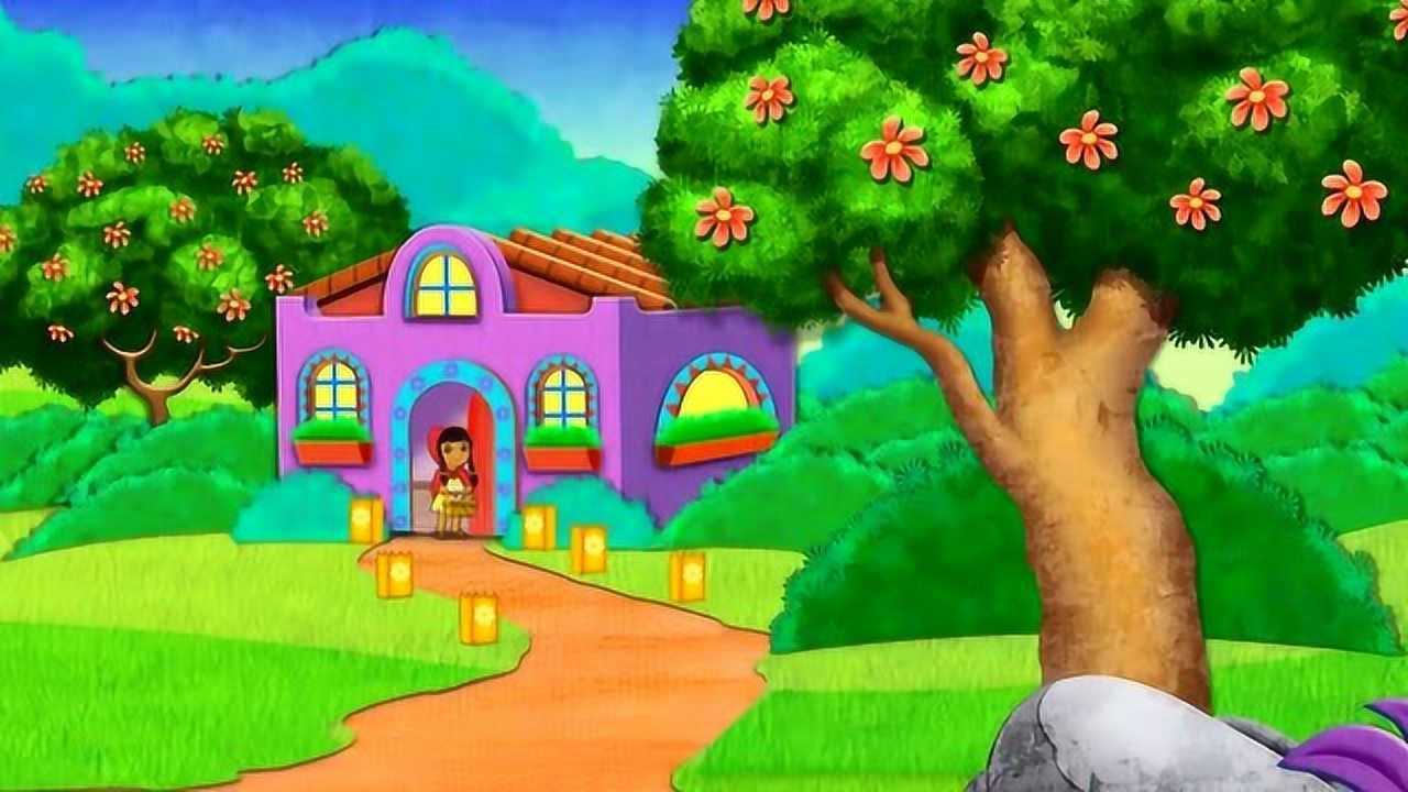 爱探险的朵拉朵拉来到一间房屋门口小红帽提着点心篮子出来了