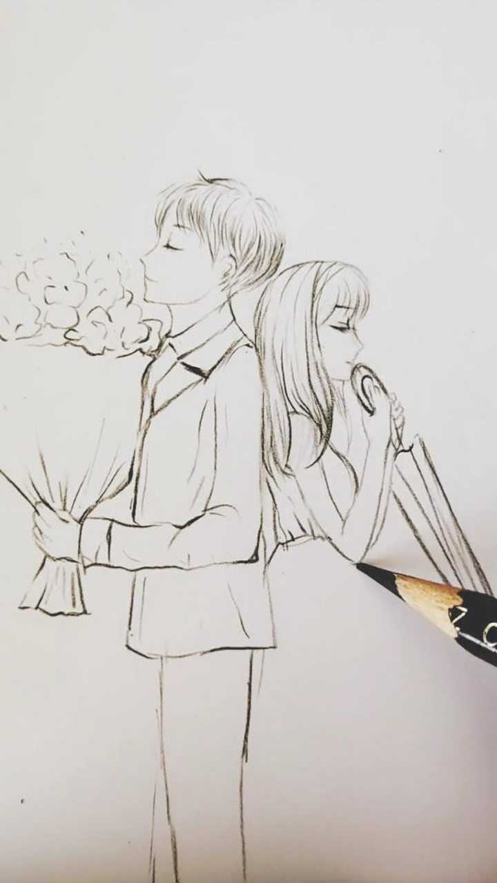 彩铅画,情侣背靠背