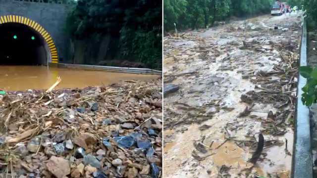 广东大宝山隧道路段突发山体滑坡 路面被积水、碎石淹没