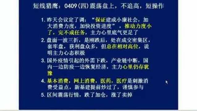 短线猎鹰:0409(四)震荡盘上,不追高,短操作