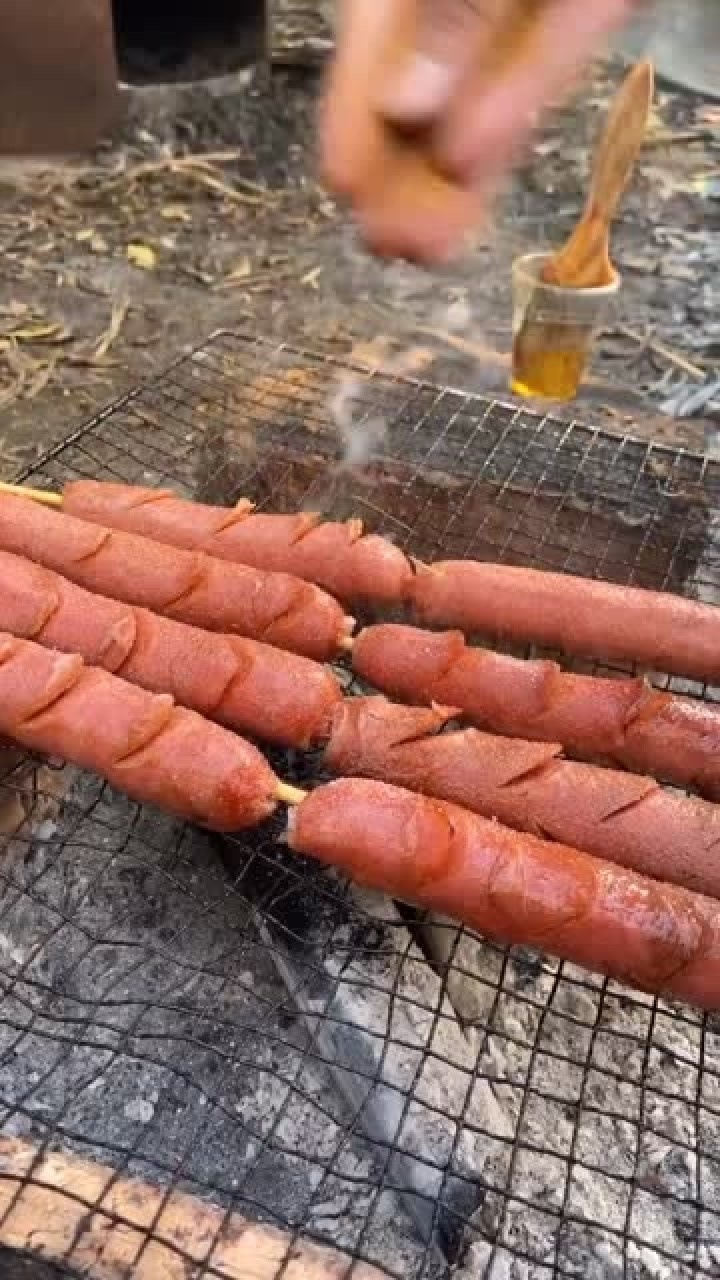 农村精神小伙炭火烤热狗串