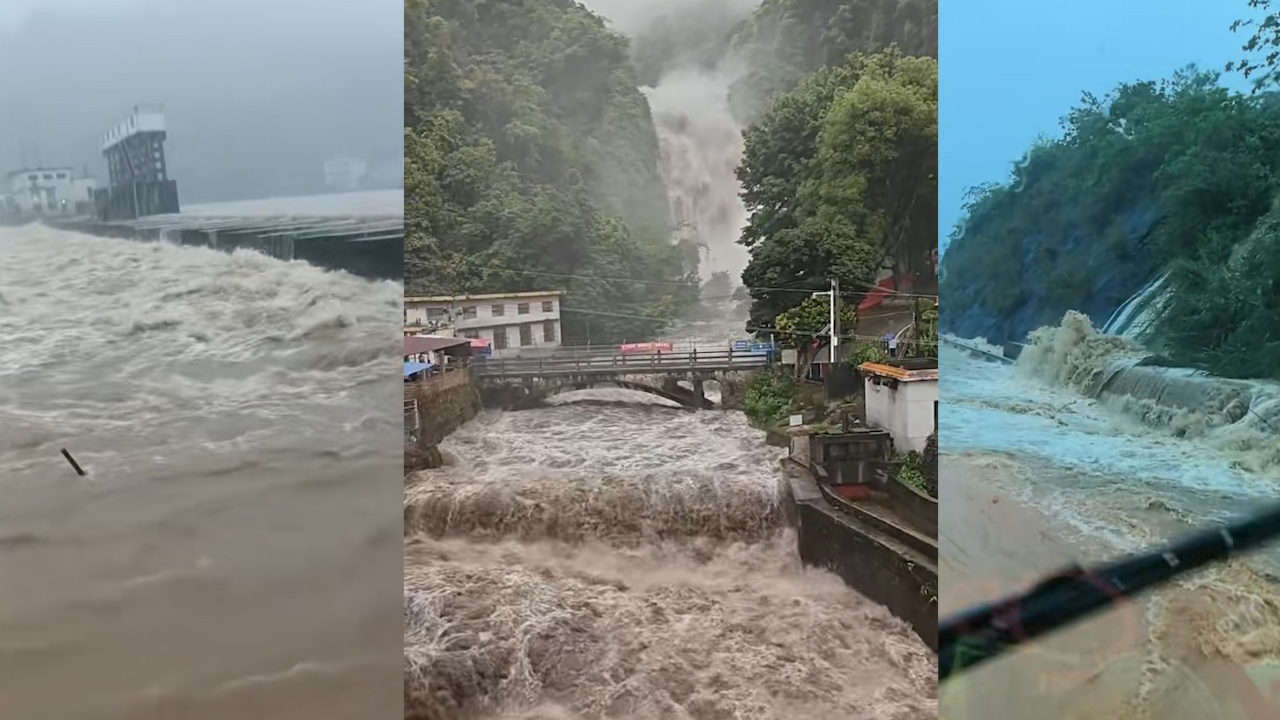 广东清远普降大暴雨:多条河流超警戒 山洪涌上高速路 高铁车厢进水
