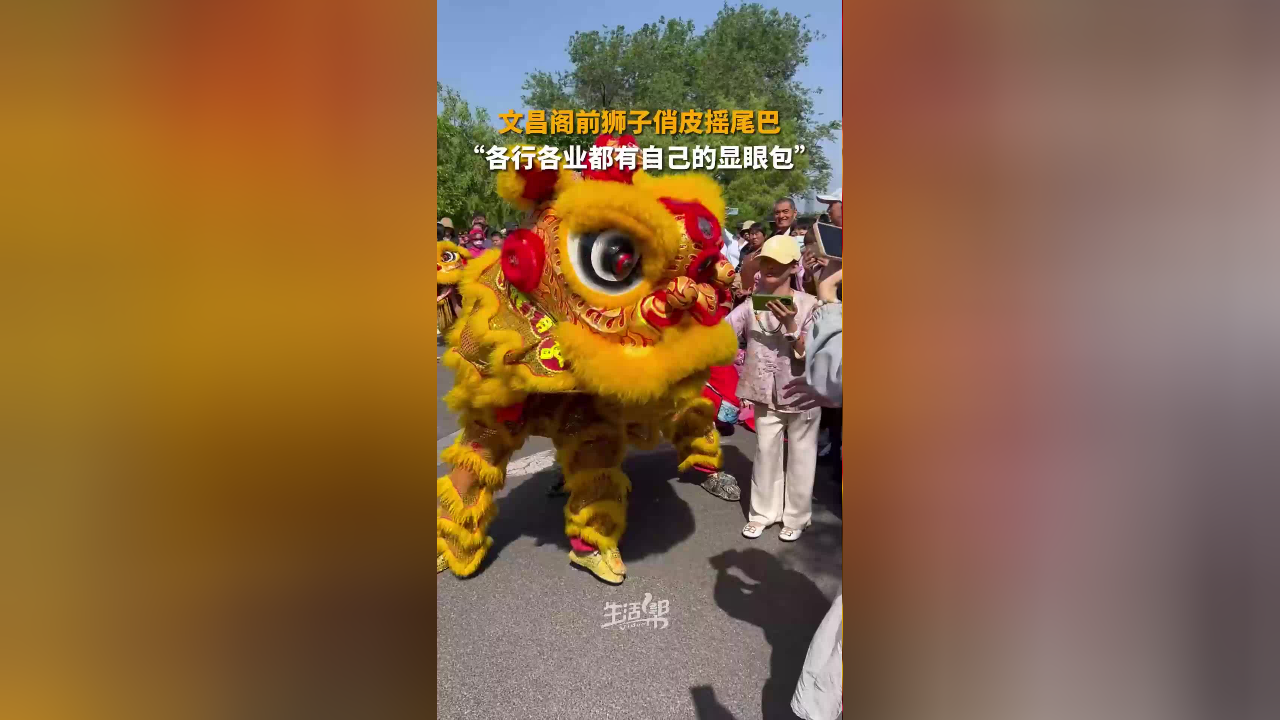 67舞狮队里的"显眼包"!文昌阁前狮子俏皮摇尾巴