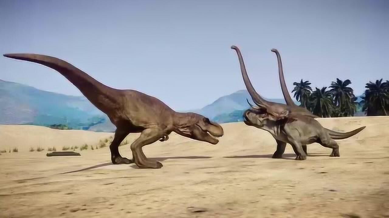 霸王龙击杀三角龙和迅猛龙恐龙动漫