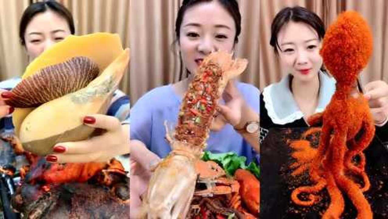吃播一家人：妹子吃海鲜，吃肉的速度这么快的，就不觉得腻吗_高清