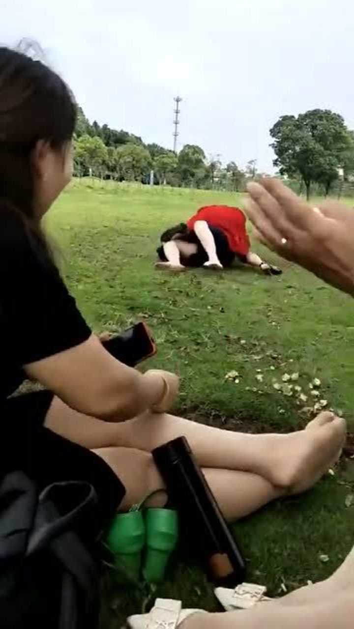 两美女在草地上玩摔跤