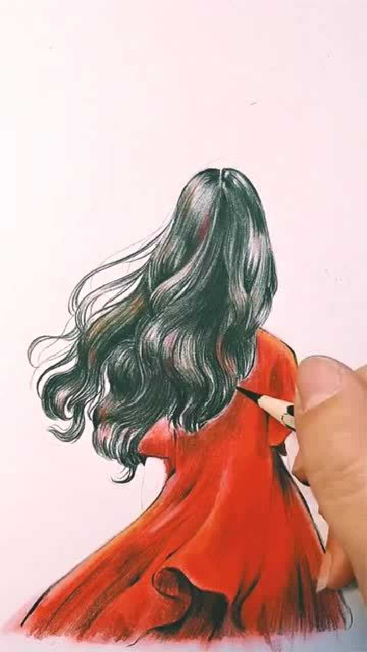 手绘教程教你用色粉和铅笔画美女的背影,红红的裙子好美啊