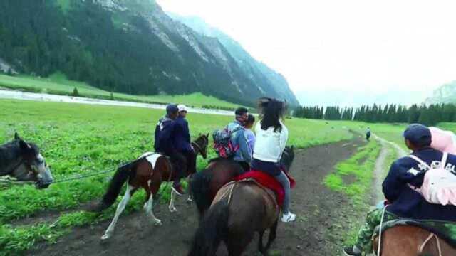 在昭苏夏塔风景区内,雪下背景下十几匹骏马奔向天山山脉!