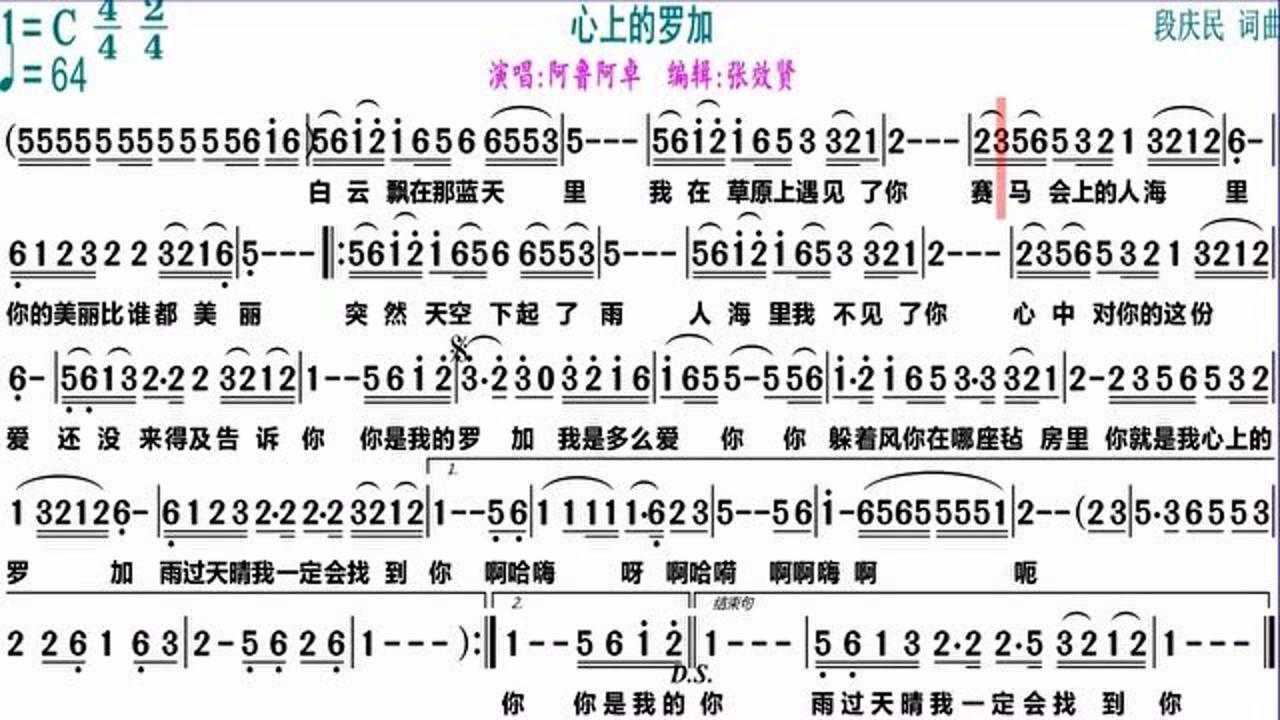 阿鲁阿卓演唱《心上的罗加》的动态有声简谱