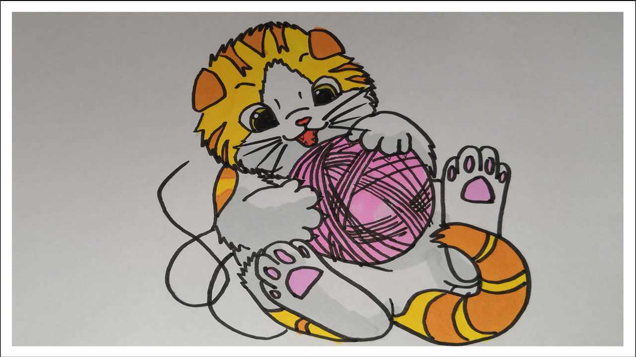 亲子简笔画,玩着线团的小花猫好可爱,快拿起纸笔跟着画起来吧