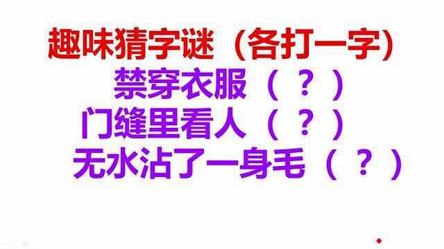 猜字谜:禁穿衣服,门缝里看人,无水沾了一身毛,各打一字