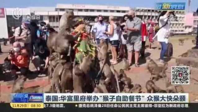 泰国:华富里府举办“猴子自助餐节” 众猴大快朵颐