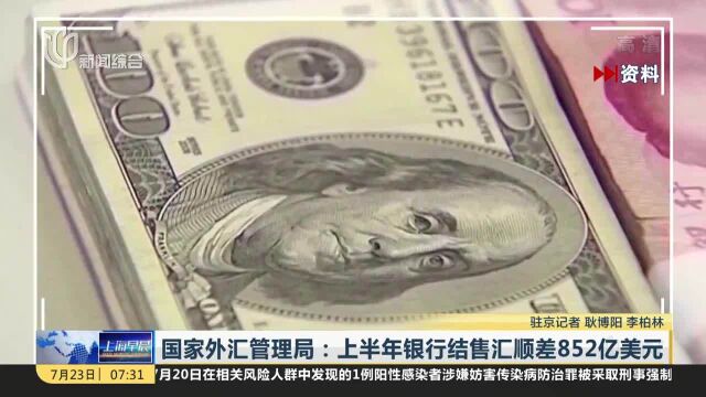 国家外汇管理局:上半年银行结售汇顺差852亿美元