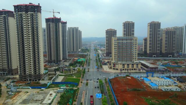 广西鹿寨县城南片区的道路横竖都是很整齐,楼盘一个接着一个建