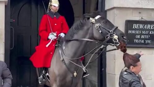 女子与英国国王骑兵卫队合影，被马咬住马尾辫 一旁告示牌亮了