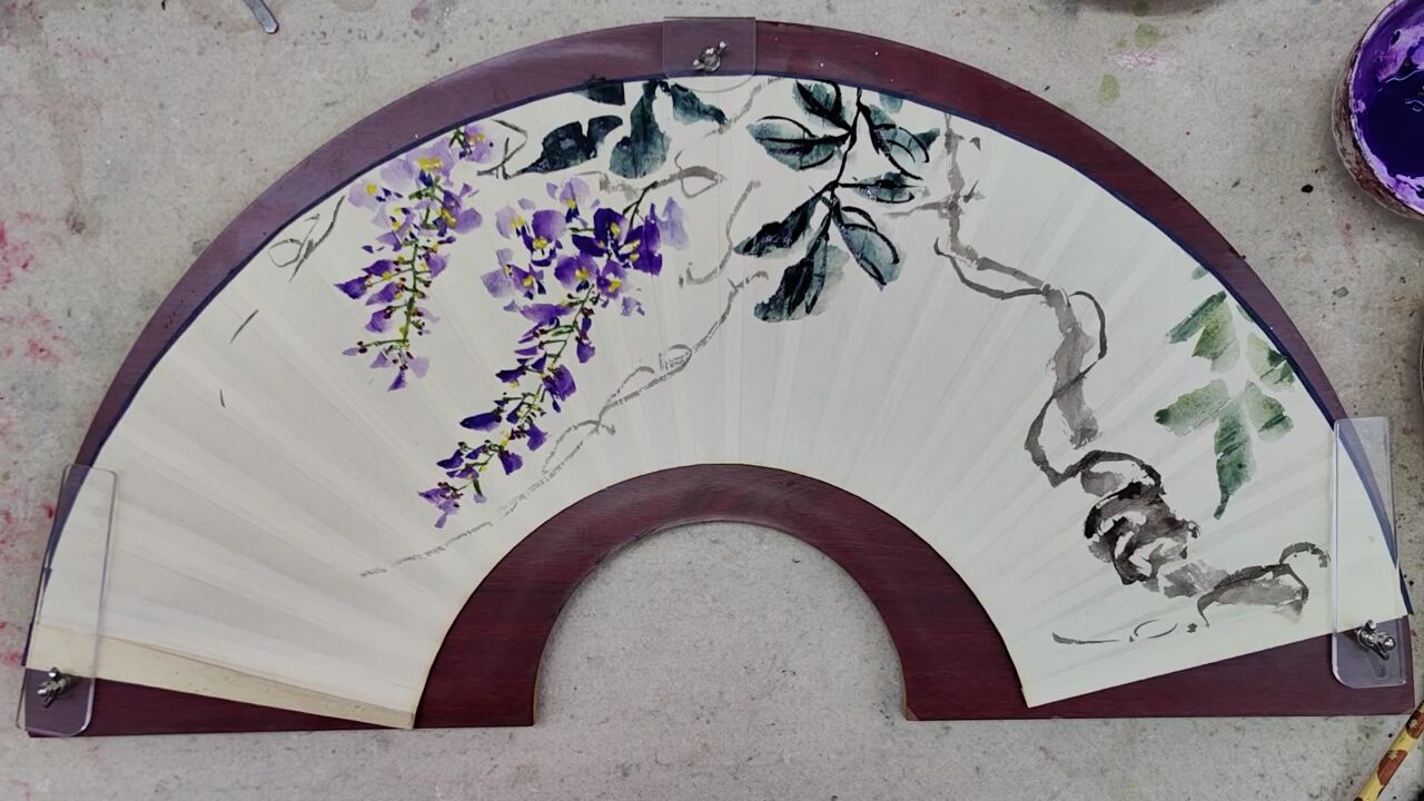 紫藤花扇面国画技法