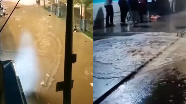 台风卡努逼近浙江沿海,温州霞关出现海水倒灌:下水井喷射水柱